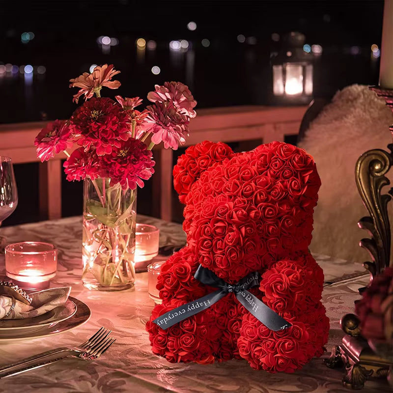 Rose Bear with Box Lights Artificial Flower Teddy Bear for Women/Girlfriend Gift Love Flower Valentine/Anniversary/Birthday Deco