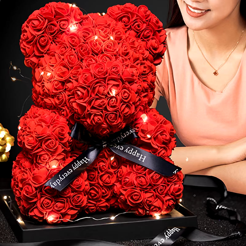 Rose Bear with Box Lights Artificial Flower Teddy Bear for Women/Girlfriend Gift Love Flower Valentine/Anniversary/Birthday Deco